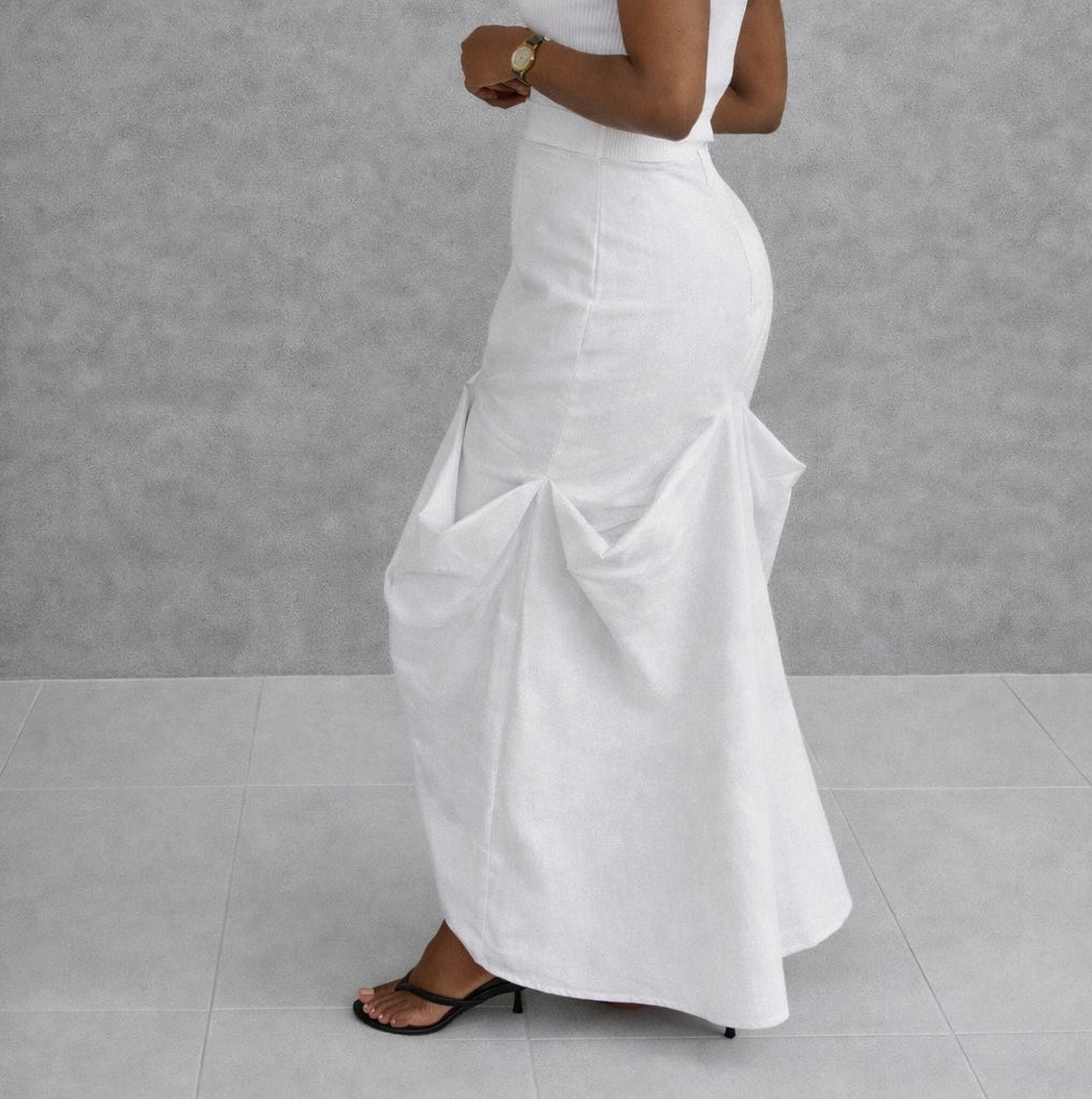 WHITE ASYMMETRICAL DENIM SKIRT