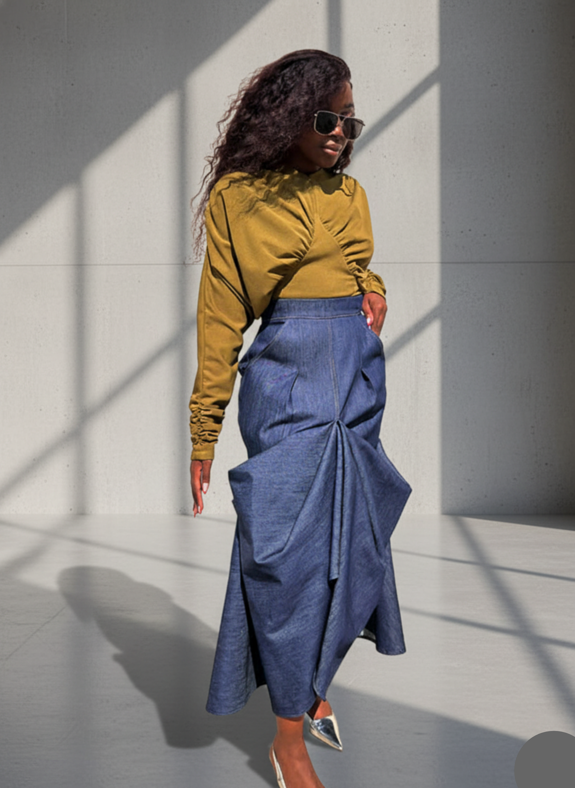 Woman wearing a mustard yellow top and blue denim skirt against a light gray wall.